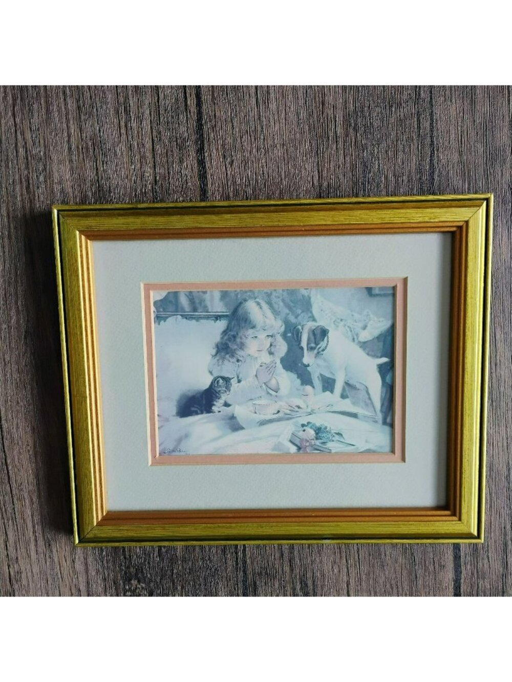 Vintage Charles Burton Barber Suspense Framed Art Print 12x10 Girl Dog Cat